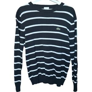 Lacoste Black & White Striped Lightweight Cotton Crew Neck Knit Sweater